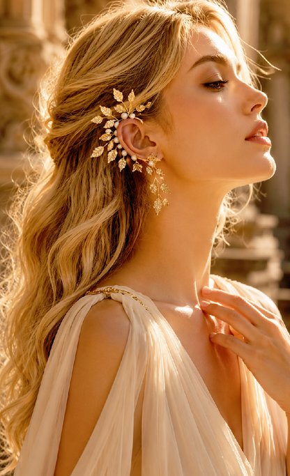 Gold Leaf Ear Cuff, Pearl Fairy Ear Wrap, Boho Bridal Ethereal Jewelry