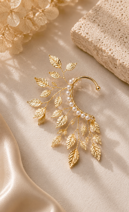 Gold Leaf Ear Cuff, Pearl Fairy Ear Wrap, Boho Bridal Ethereal Jewelry