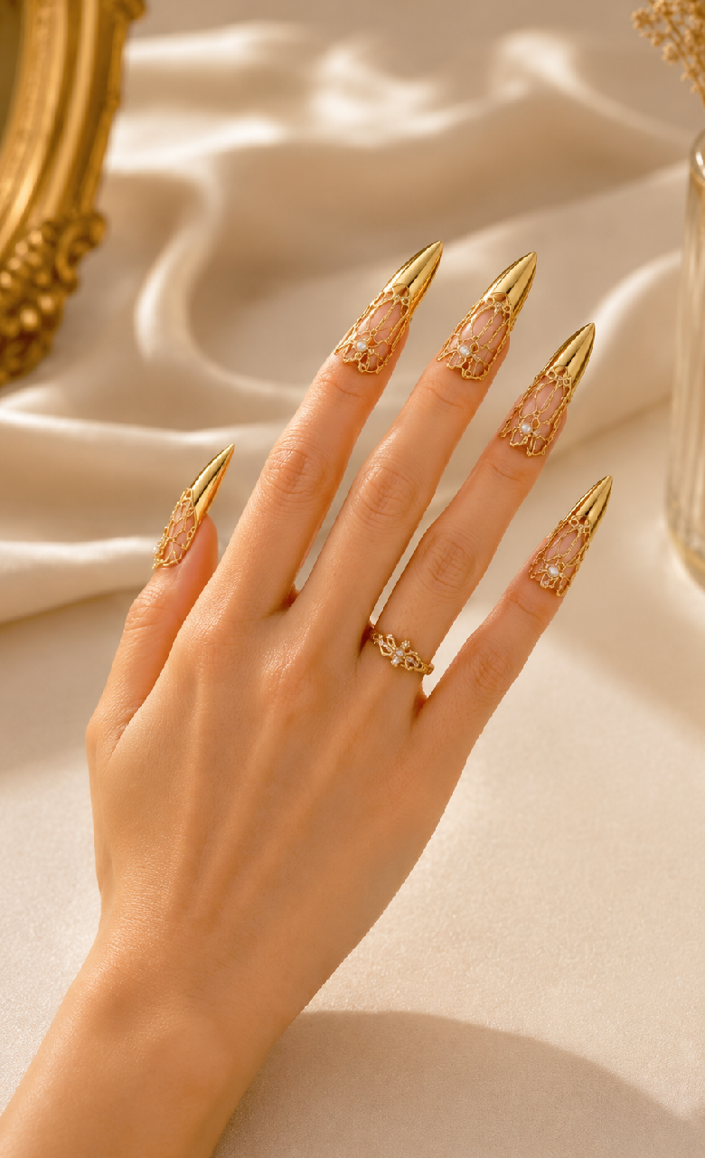 Gold Armor Nail Rings, Medieval Gothic Fingertip Jewelry, Fantasy Hanfu Claws
