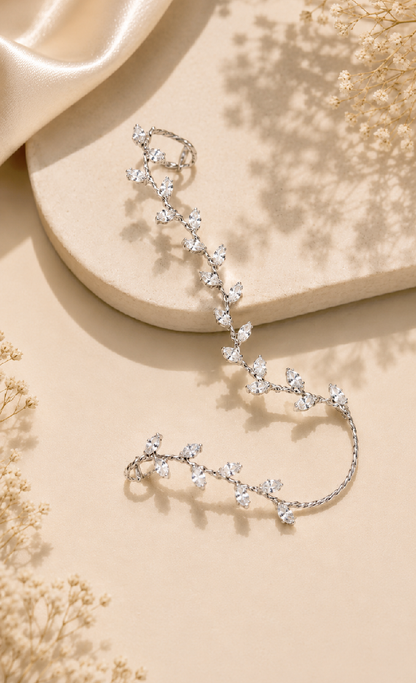 Silver Crystal Leaf Vine Hand Chain Bracelet, Bridal Boho Wedding Jewelry