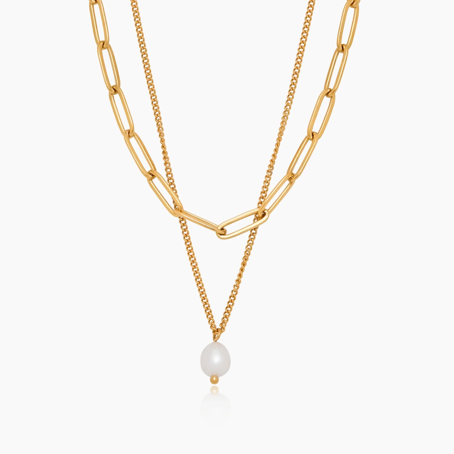 Paperclip & Pearl Drop Layered Necklace | Gold-Plated | Two-Chain Layer