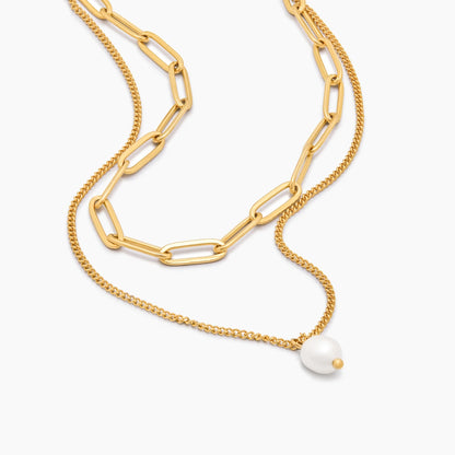 Paperclip & Pearl Drop Layered Necklace | Gold-Plated | Two-Chain Layer