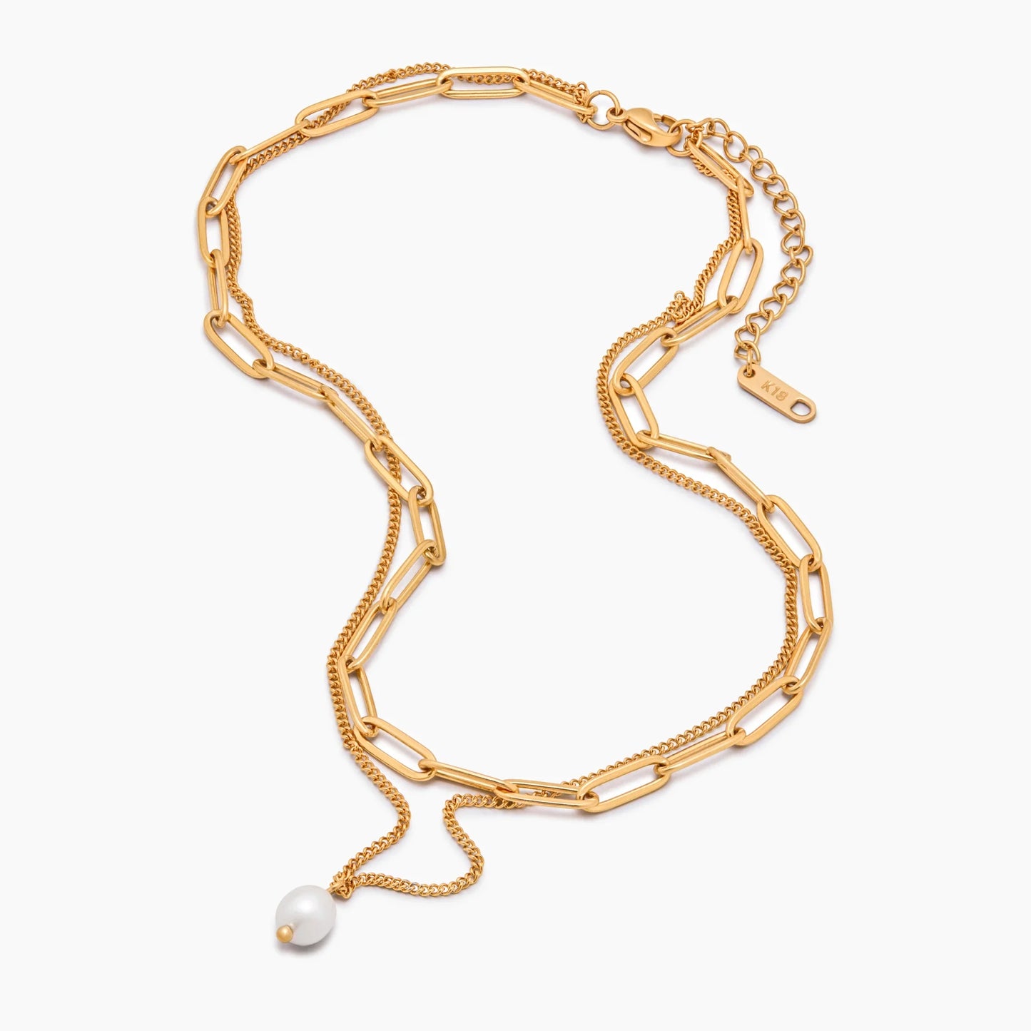 Paperclip & Pearl Drop Layered Necklace | Gold-Plated | Two-Chain Layer