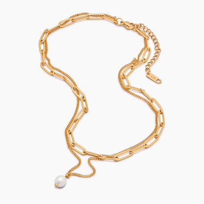 Paperclip & Pearl Drop Layered Necklace | Gold-Plated | Two-Chain Layer