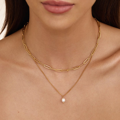 Paperclip & Pearl Drop Layered Necklace | Gold-Plated | Two-Chain Layer