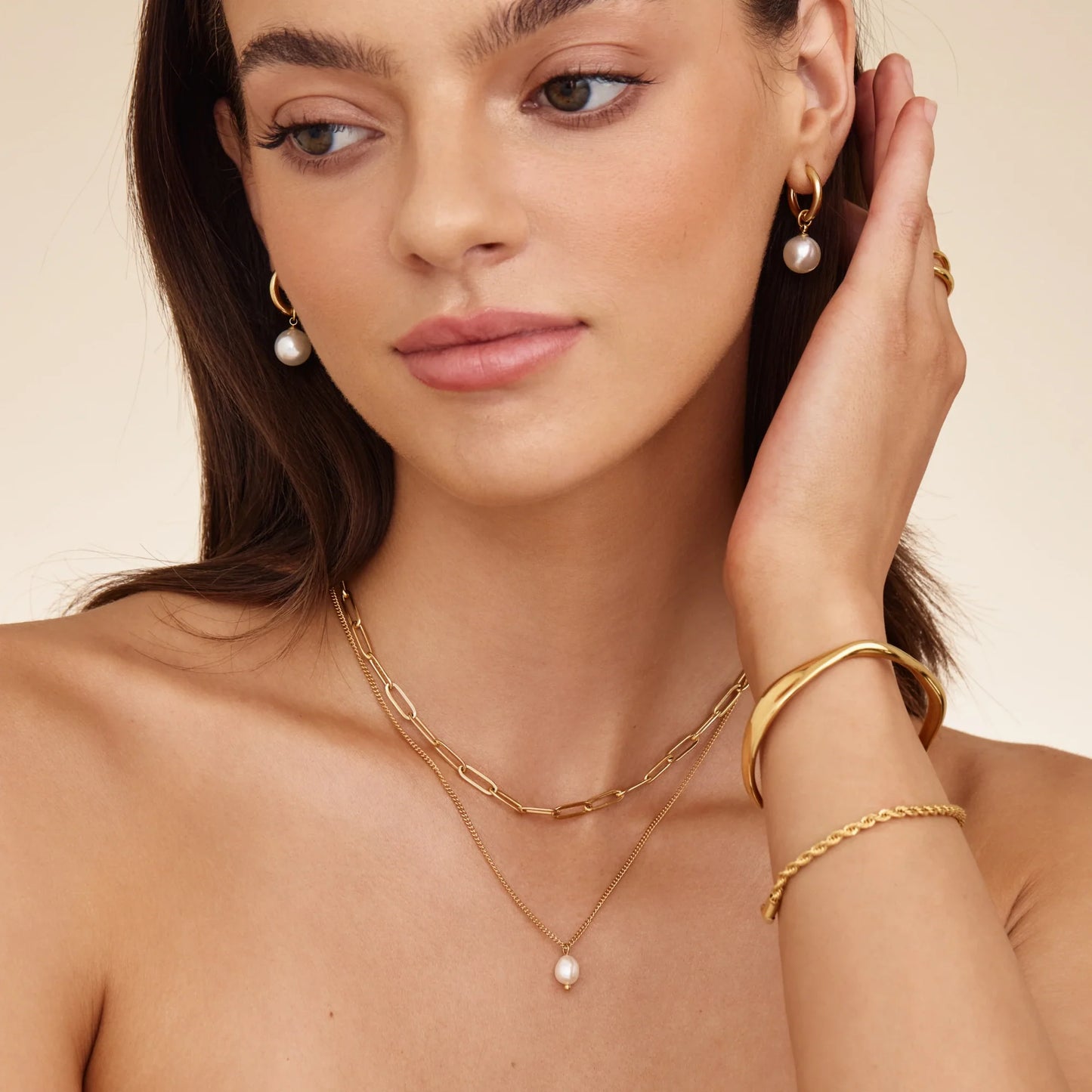 Paperclip & Pearl Drop Layered Necklace | Gold-Plated | Two-Chain Layer