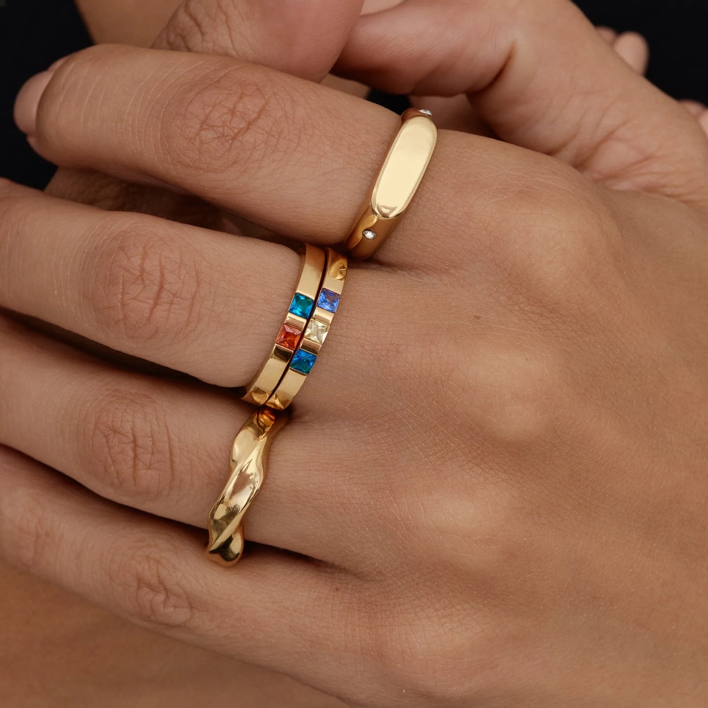 Twin Star Signet Ring | Gold-Plated | Flat Top Signet, Twin Crystal Sides