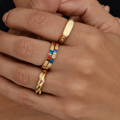 Twin Star Signet Ring | Gold-Plated | Flat Top Signet, Twin Crystal Sides