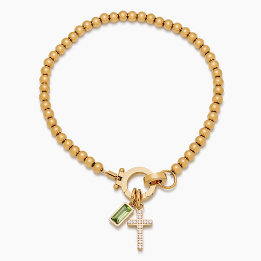 Beaded Birthstone Cross Charm Bracelet | 18K Gold-Plated | Personalized Faith Jewelry