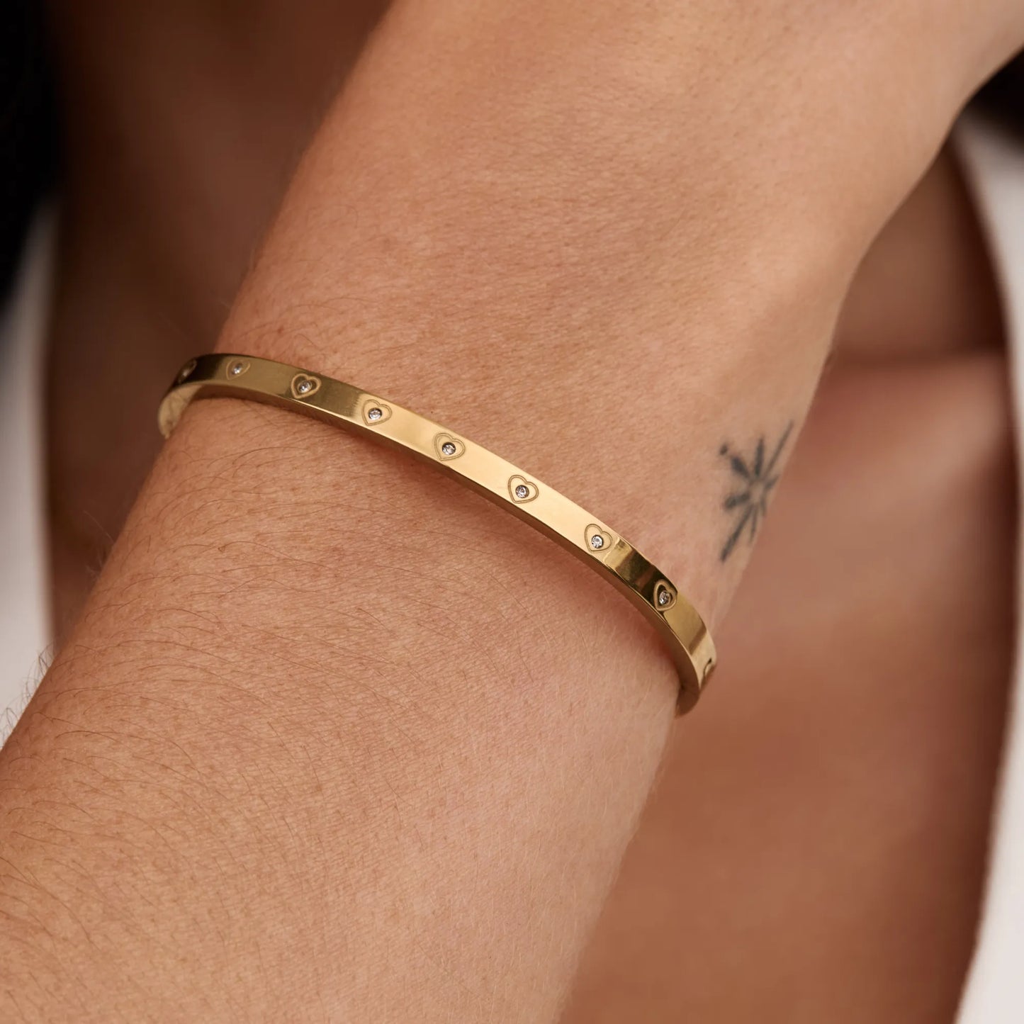 Crystal Heart Bangle | Gold-Plated | Heart-Set Stones, 57mm Bangle