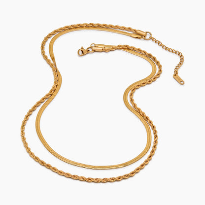 Herringbone & Rope Chain Layered Necklace | Gold-Plated | Two-Chain Layer