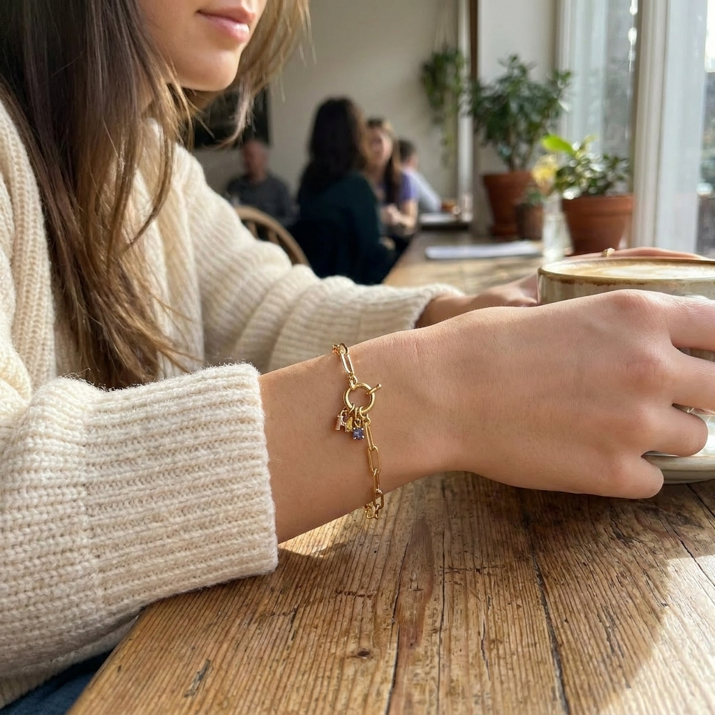 Paperclip Initial Birthstone Bracelet lifestyle