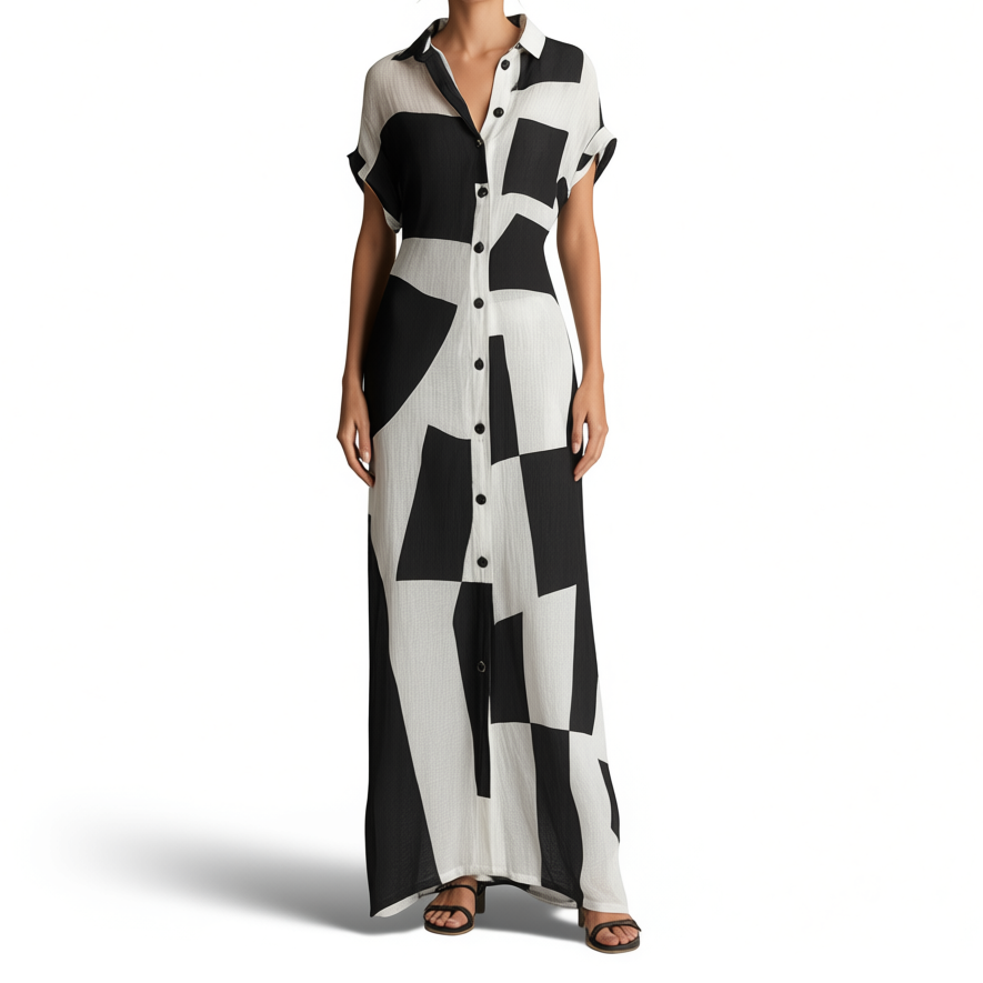 Women’s Cotton Linen Geometric Print Shirt Maxi Dress
