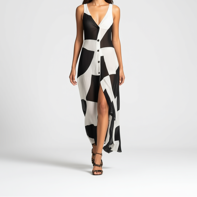 Women’s Cotton Linen Geometric Print Shirt Maxi Dress