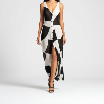 Women’s Cotton Linen Geometric Print Shirt Maxi Dress