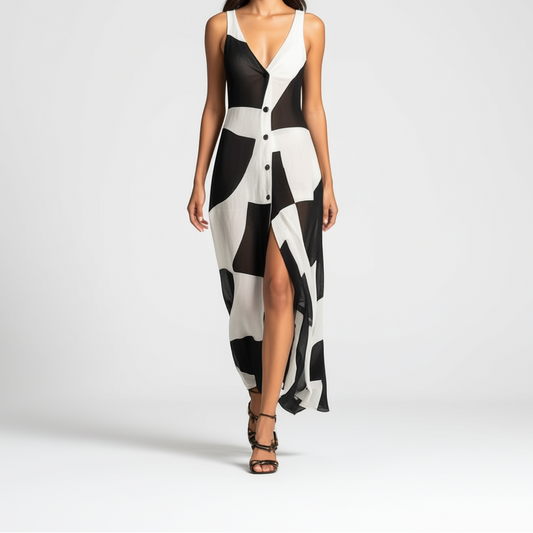 Women’s Cotton Linen Geometric Print Shirt Maxi Dress