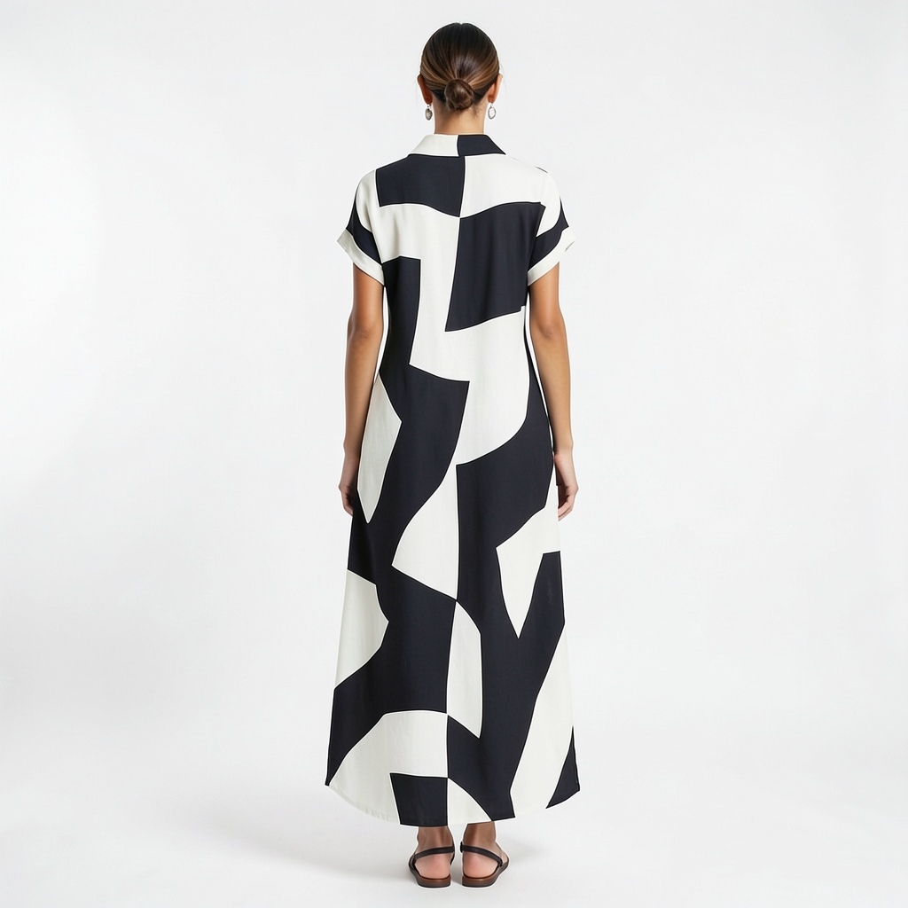 Women’s Cotton Linen Geometric Print Shirt Maxi Dress