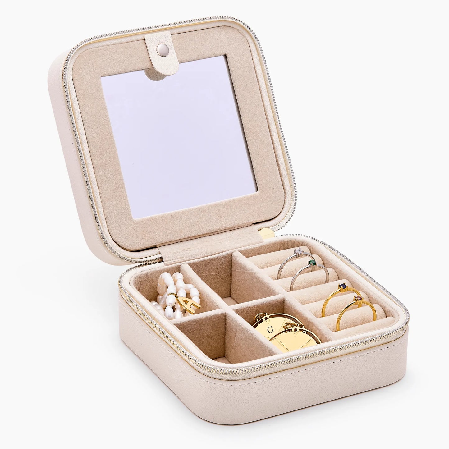Olivia Jewelry Travel Box | Velvet Interior | 10x10x4.5cm Zip Case
