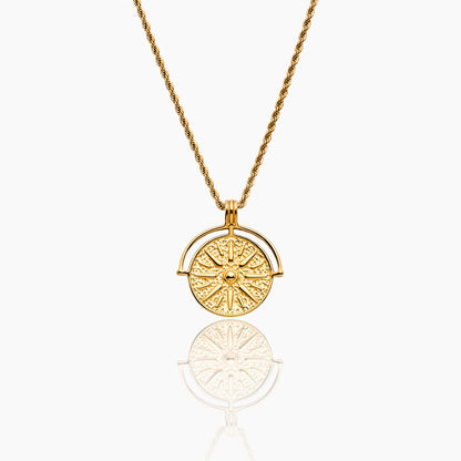 Compass Medallion Necklace | Gold-Plated | Round Compass Medallion Pendant