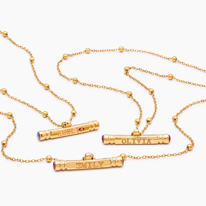 Custom Name & Birthstone T-Bar Necklace | Gold-Plated | Beaded Chain