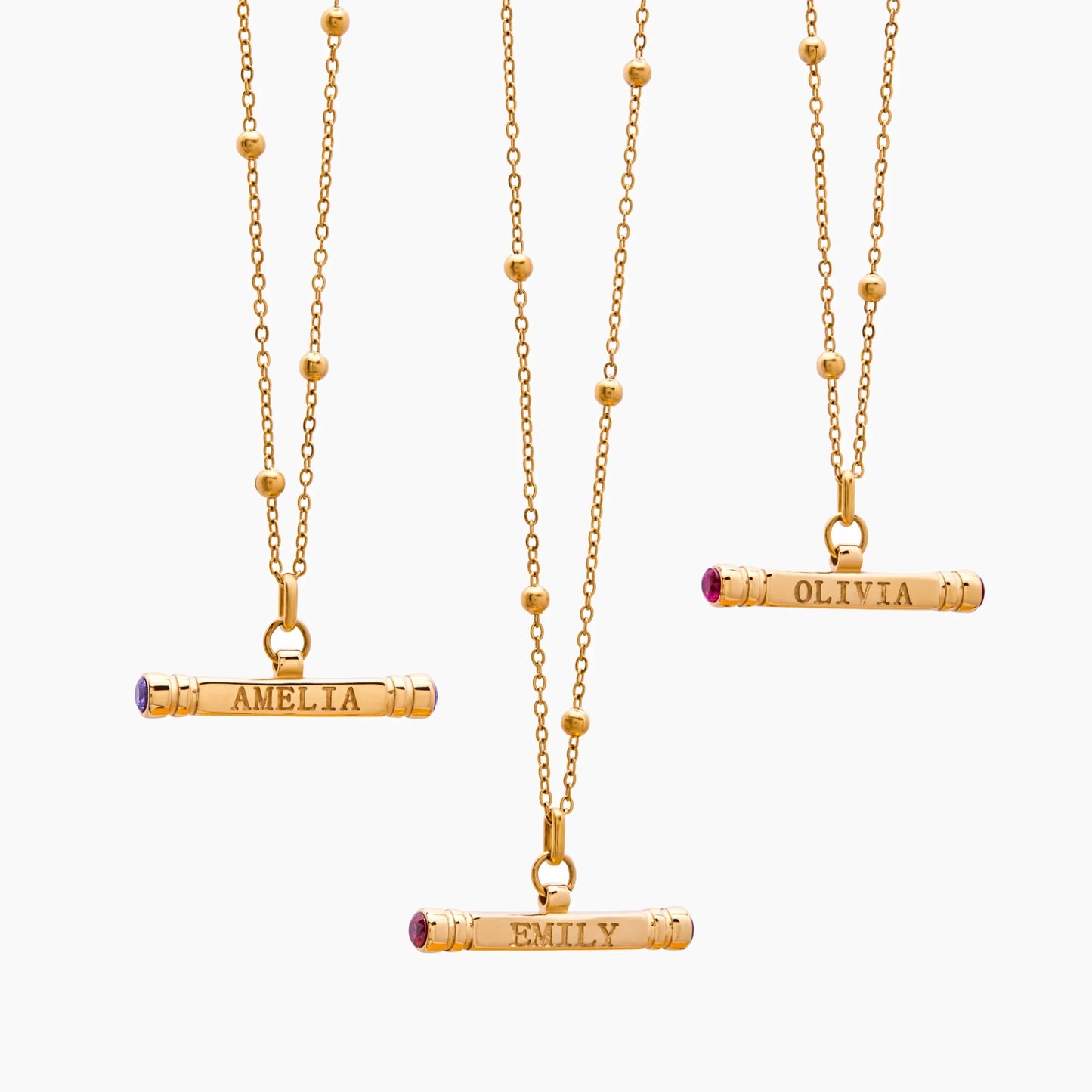 Custom Name & Birthstone T-Bar Necklace | Gold-Plated | Beaded Chain