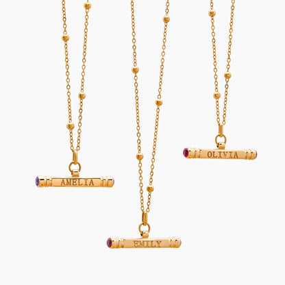 Custom Name & Birthstone T-Bar Necklace | Gold-Plated | Beaded Chain