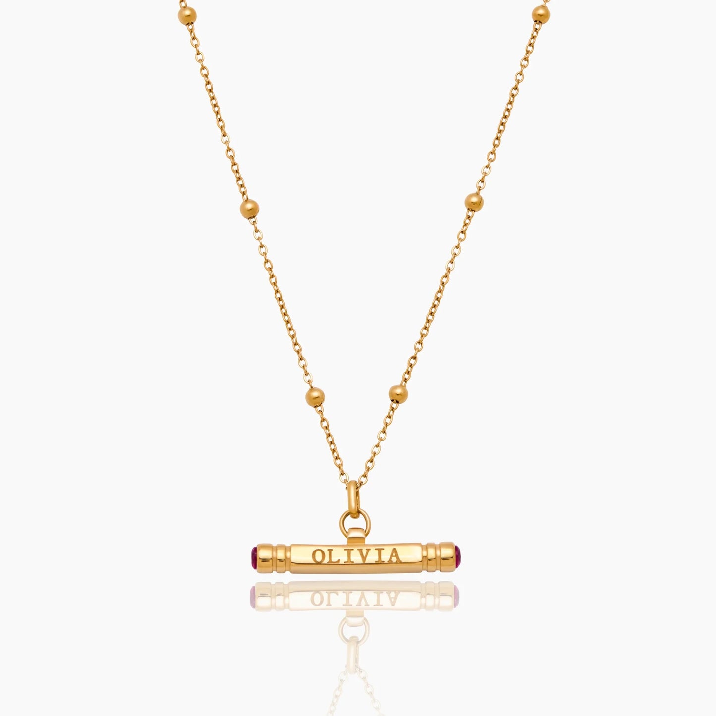 Custom Name & Birthstone T-Bar Necklace | Gold-Plated | Beaded Chain