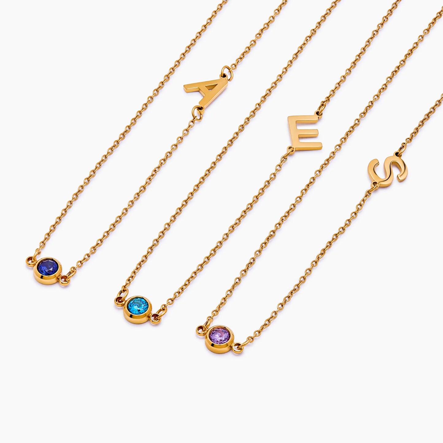 Side-Set Initial Birthstone Necklace | Gold-Plated | Off-Centre Initial & Stone