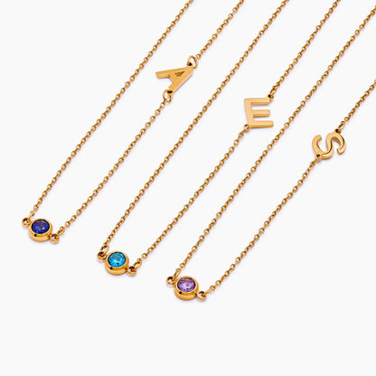 Side-Set Initial Birthstone Necklace | Gold-Plated | Off-Centre Initial & Stone