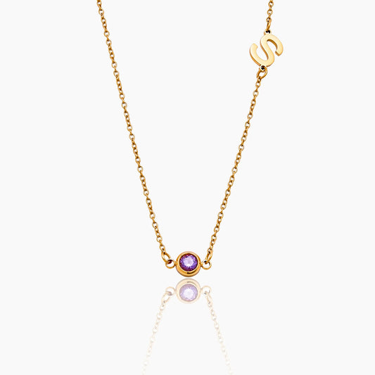 Side-Set Initial Birthstone Necklace | Gold-Plated | Off-Centre Initial & Stone