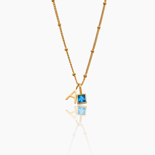 Gem Initial Necklace | 18K Gold-Plated | 8mm Initial & Square Gemstone Charm