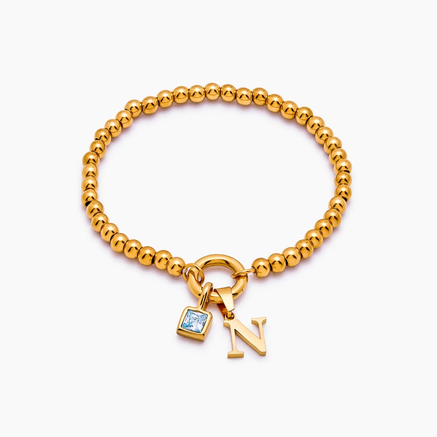 Beaded Initial Birthstone Bracelet | 18K Gold-Plated | Initial & Stone