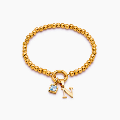 Beaded Initial Birthstone Bracelet | 18K Gold-Plated | Initial & Stone