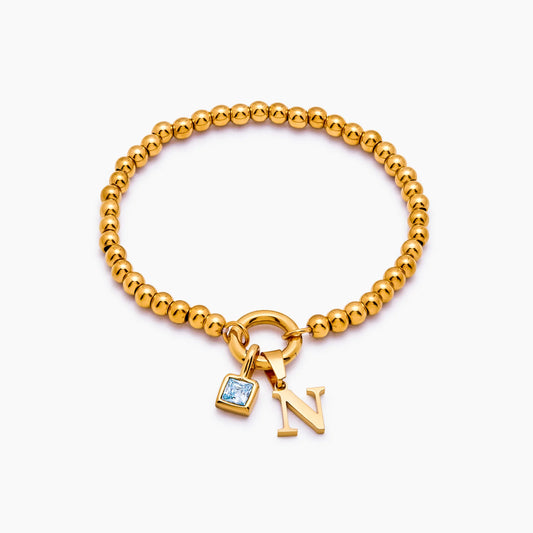 Beaded Initial Birthstone Bracelet | 18K Gold-Plated | Initial & Stone