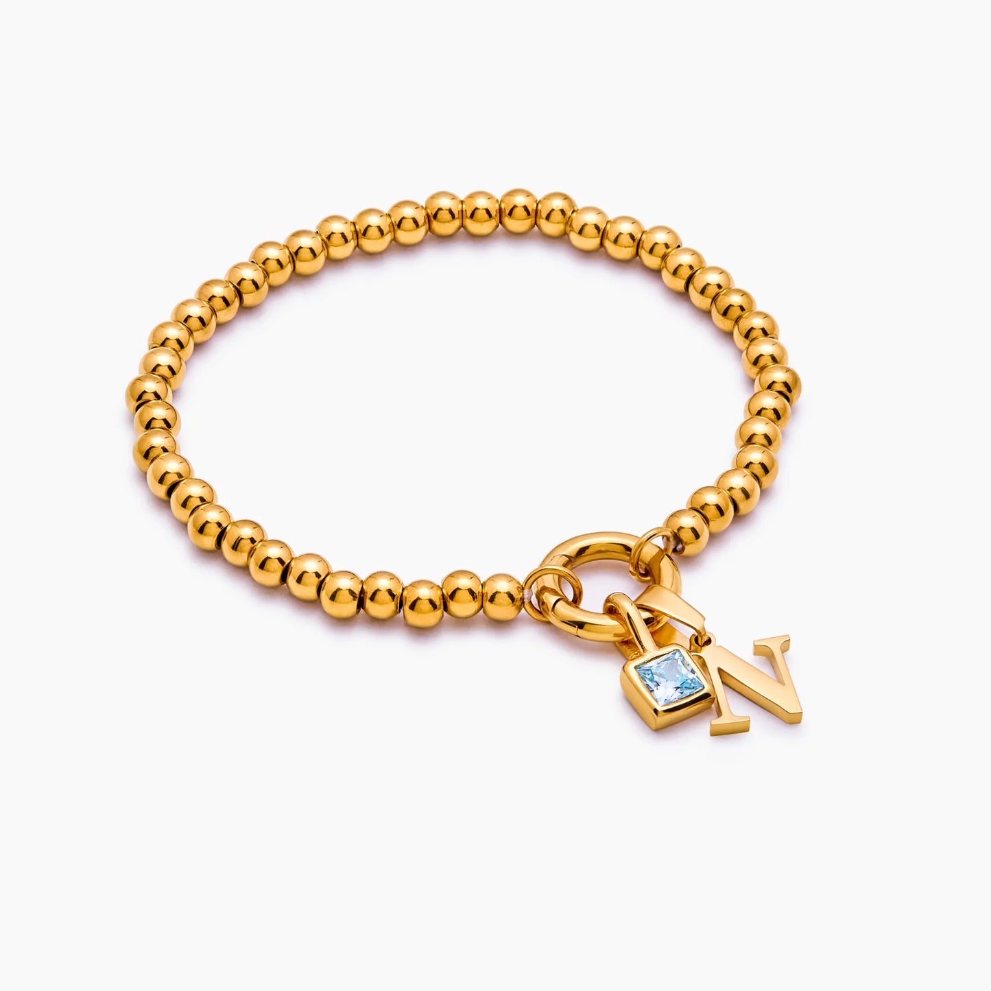 Beaded Initial Birthstone Bracelet | 18K Gold-Plated | Initial & Stone