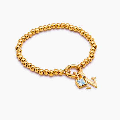 Beaded Initial Birthstone Bracelet | 18K Gold-Plated | Initial & Stone