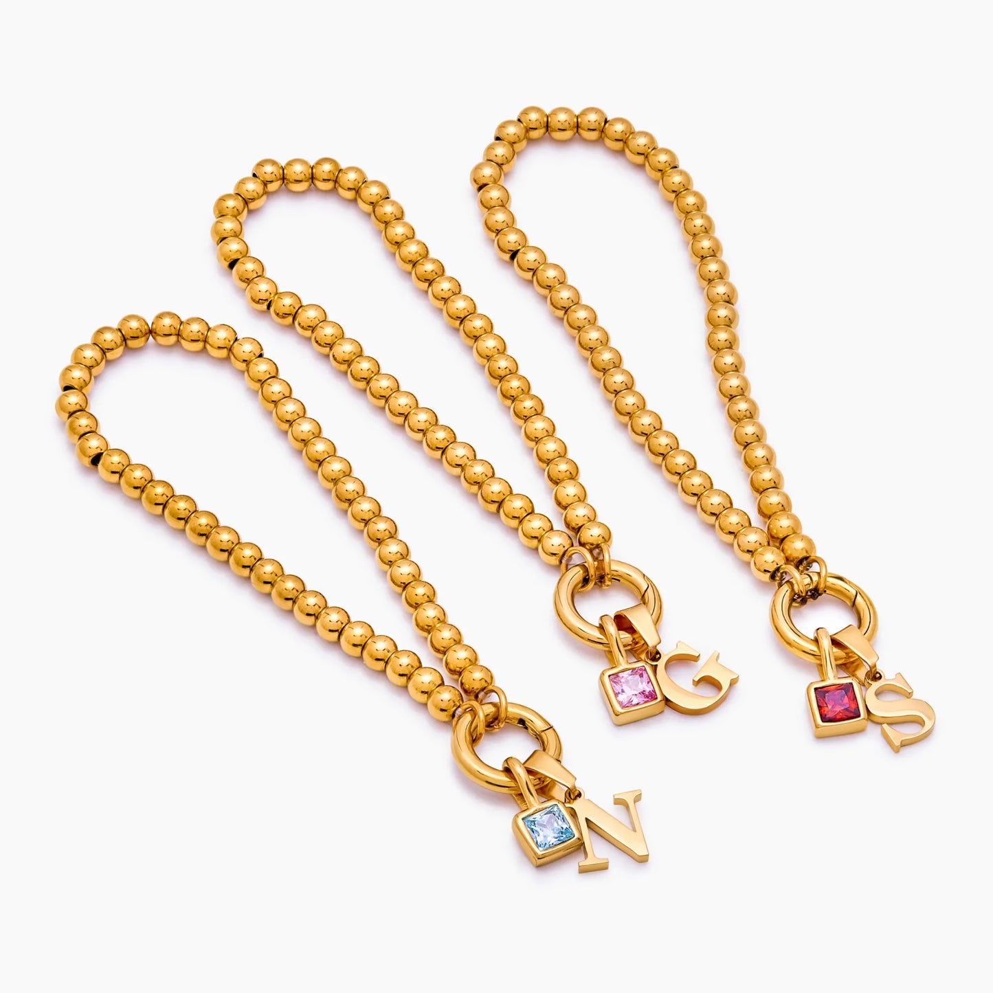 Beaded Initial Birthstone Bracelet | 18K Gold-Plated | Initial & Stone