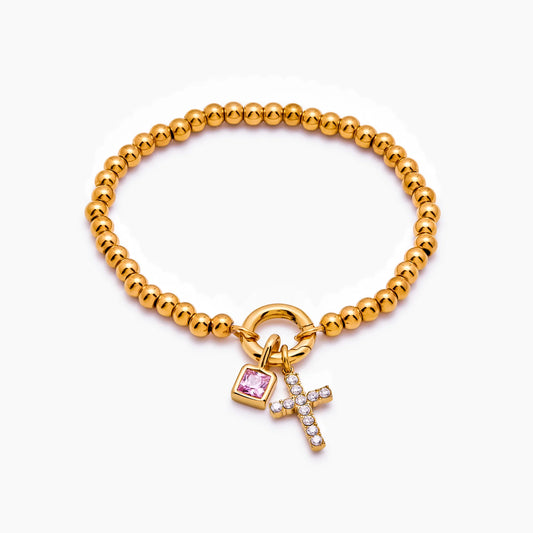 Beaded Cross Birthstone Bracelet | 18K Gold-Plated | Cross & Birthstone Charm