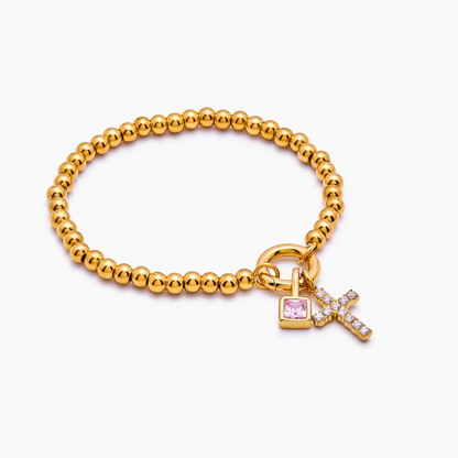 Beaded Cross Birthstone Bracelet | 18K Gold-Plated | Cross & Birthstone Charm