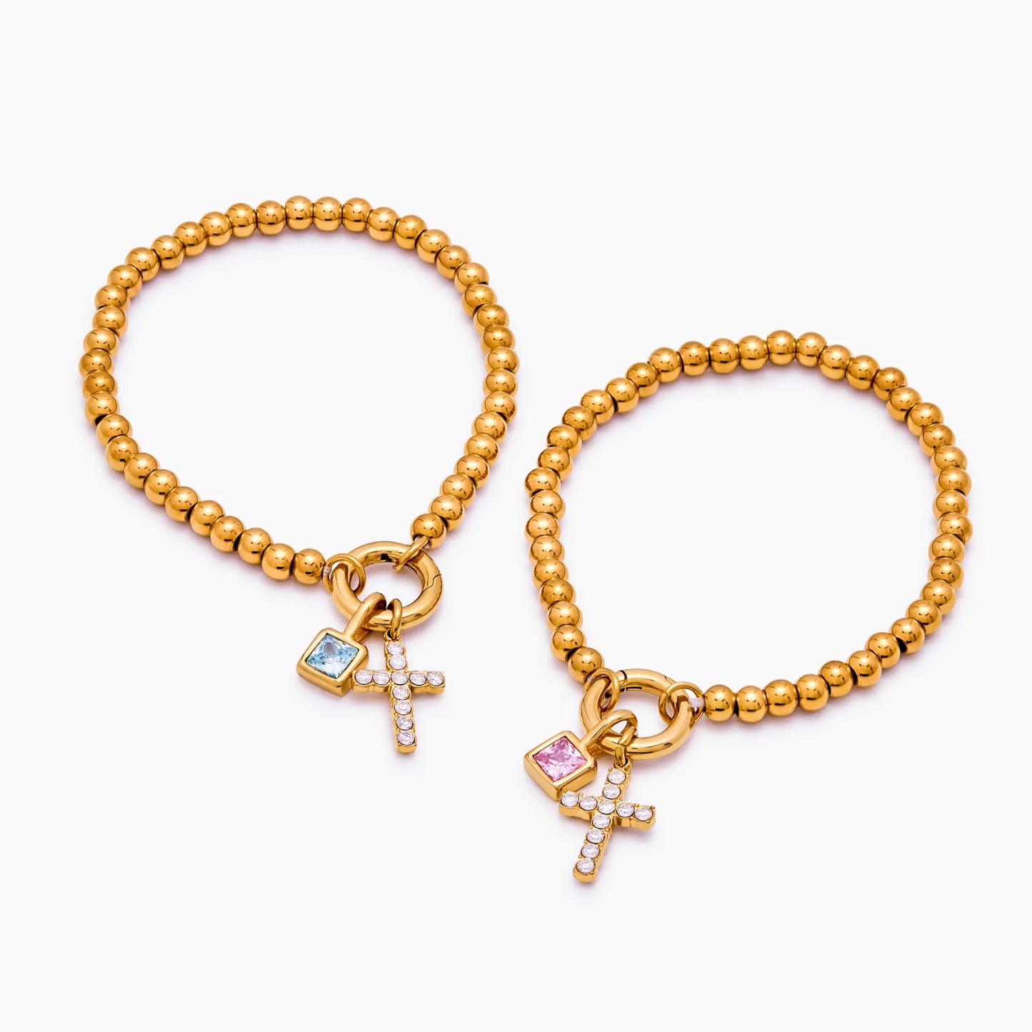 Beaded Cross Birthstone Bracelet | 18K Gold-Plated | Cross & Birthstone Charm