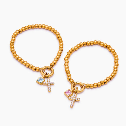 Beaded Cross Birthstone Bracelet | 18K Gold-Plated | Cross & Birthstone Charm