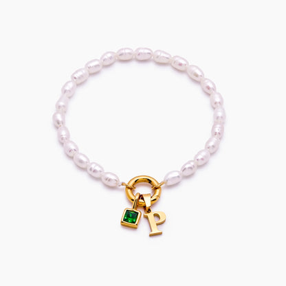 Pearl Initial Birthstone Bracelet | 18K Gold-Plated | Pearl, Initial & Stone