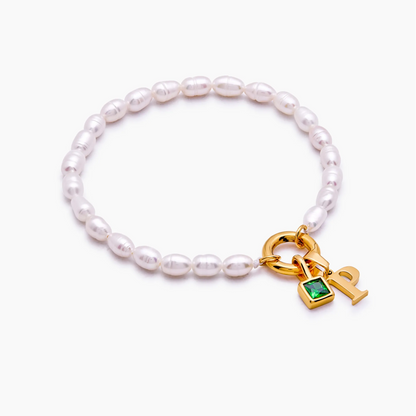 Pearl Initial Birthstone Bracelet | 18K Gold-Plated | Pearl, Initial & Stone