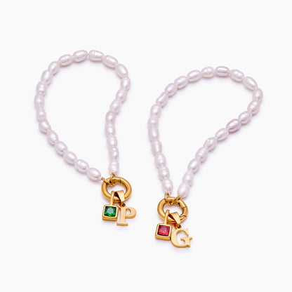 Pearl Initial Birthstone Bracelet | 18K Gold-Plated | Pearl, Initial & Stone