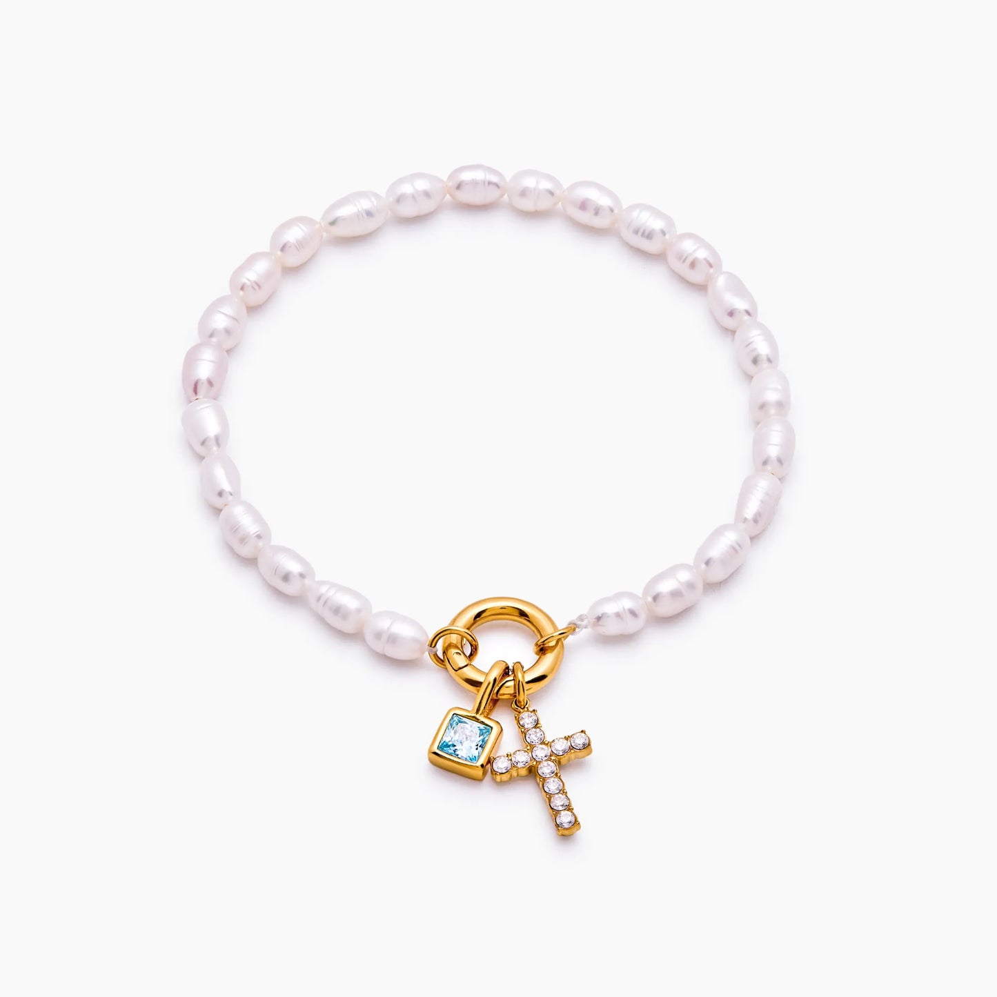 Pearl Birthstone Cross Charm Bracelet | 18K Gold-Plated | Pearl & Cross Charm