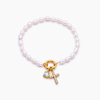 Pearl Birthstone Cross Charm Bracelet | 18K Gold-Plated | Pearl & Cross Charm