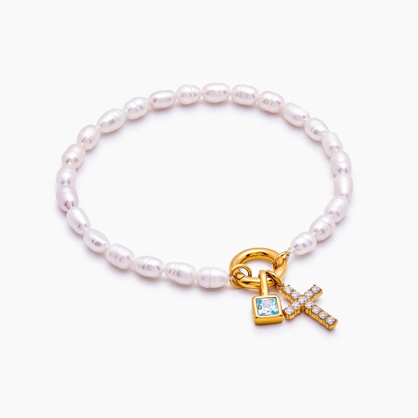 Pearl Birthstone Cross Charm Bracelet | 18K Gold-Plated | Pearl & Cross Charm