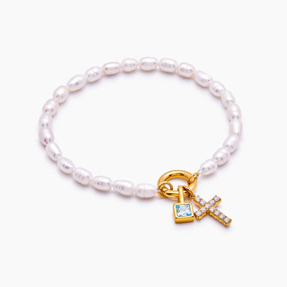 Pearl Birthstone Cross Charm Bracelet | 18K Gold-Plated | Pearl & Cross Charm