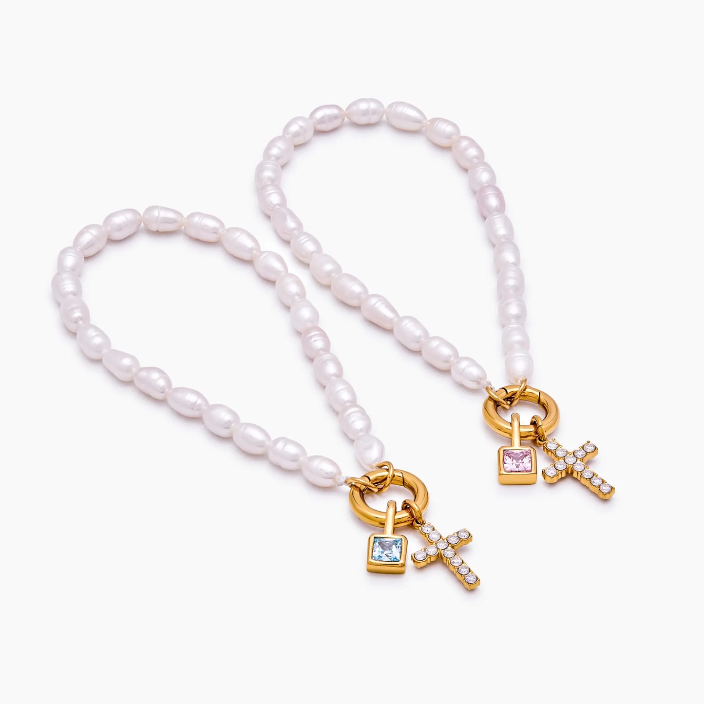 Pearl Birthstone Cross Charm Bracelet | 18K Gold-Plated | Pearl & Cross Charm