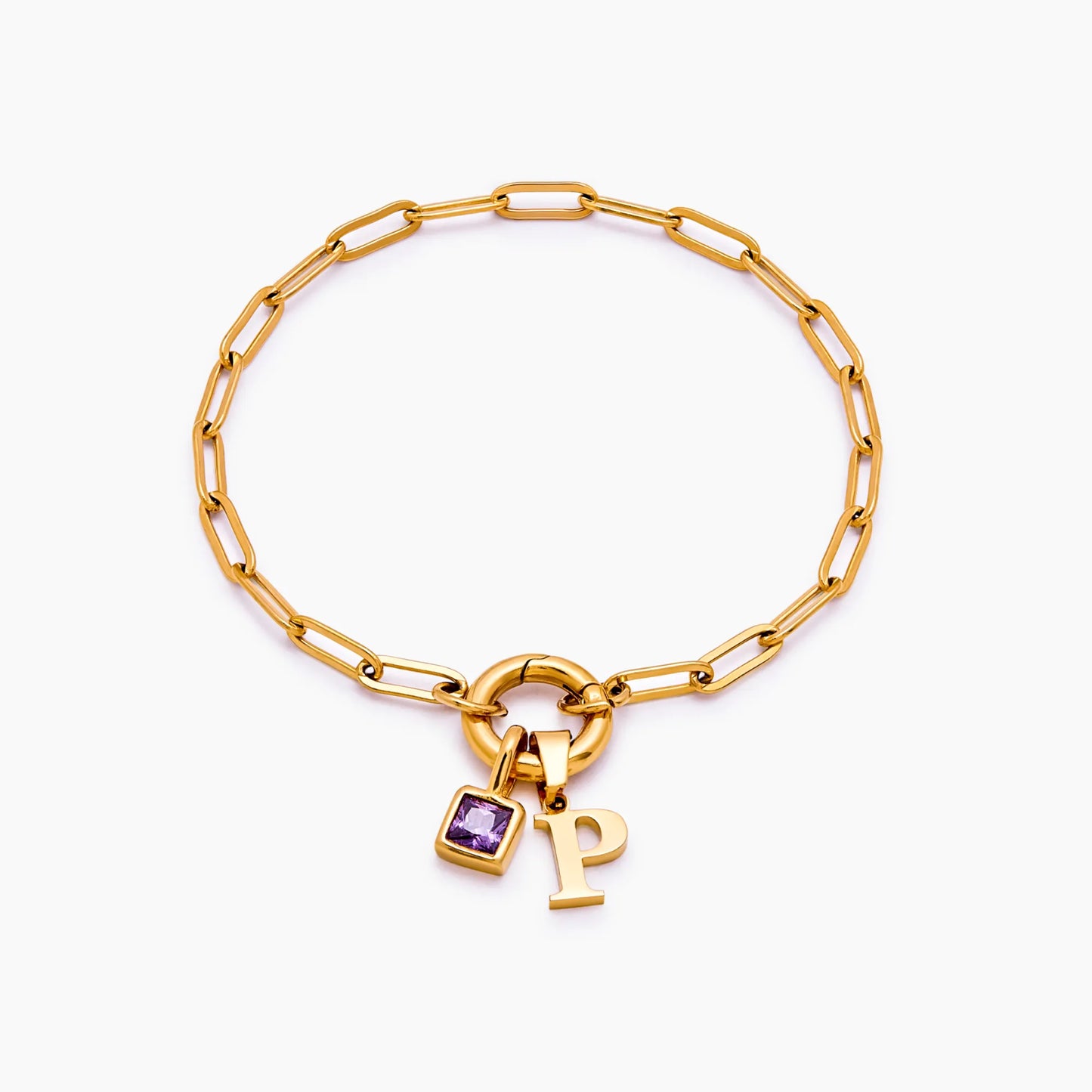 Paperclip Initial Birthstone Bracelet | 18K Gold-Plated | Initial & Stone
